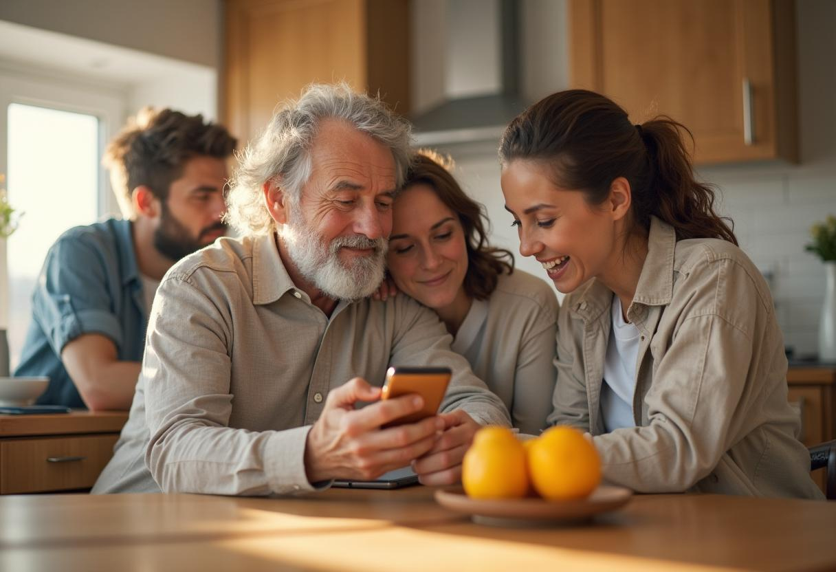 famiglia che guarda uno smartphone